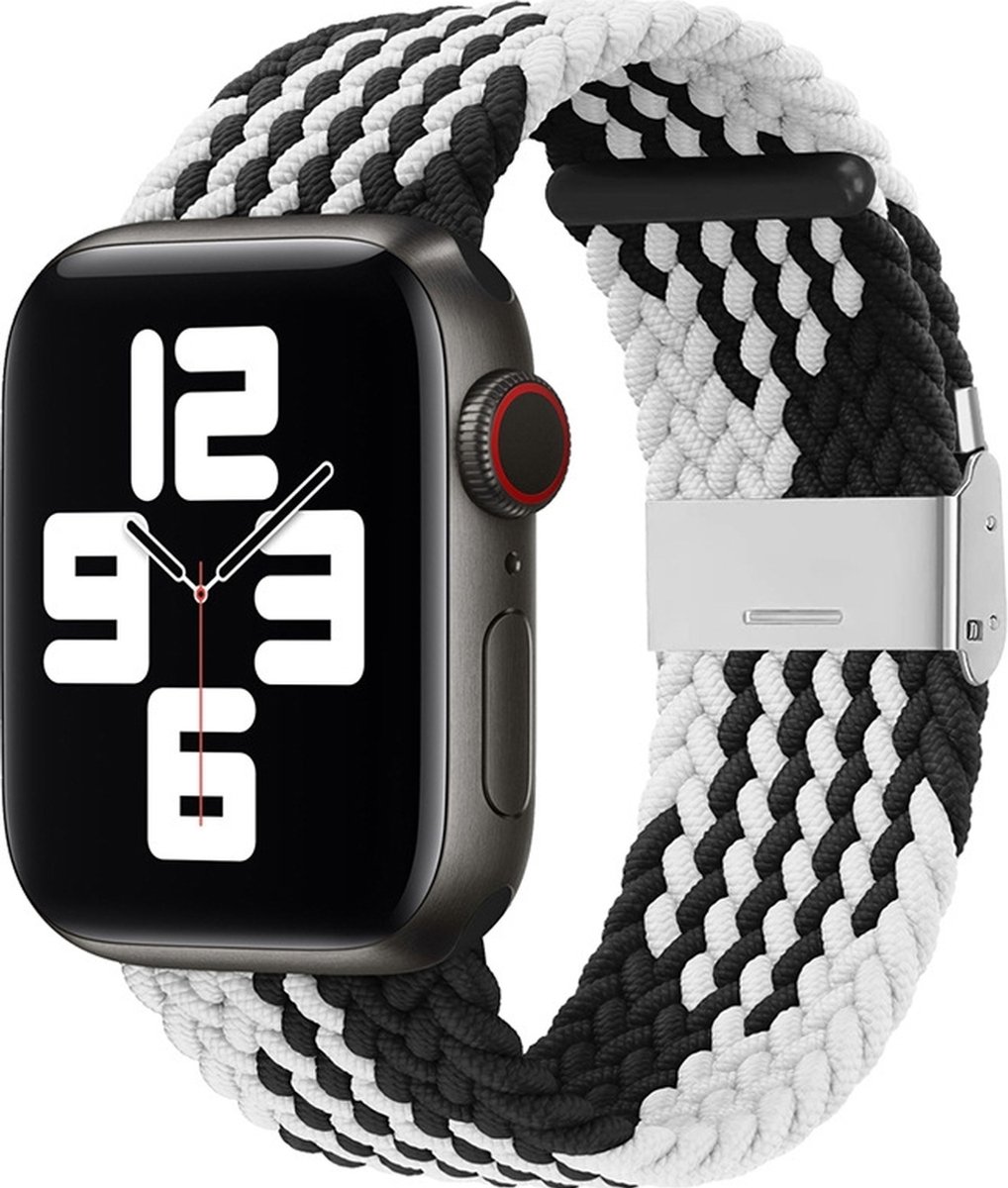 Mobigear Nylon Watch bandje geschikt voor Apple Watch Bandje Klemsluiting | Mobigear Braided - 49/46/45/44 mm - Zwart / Wit