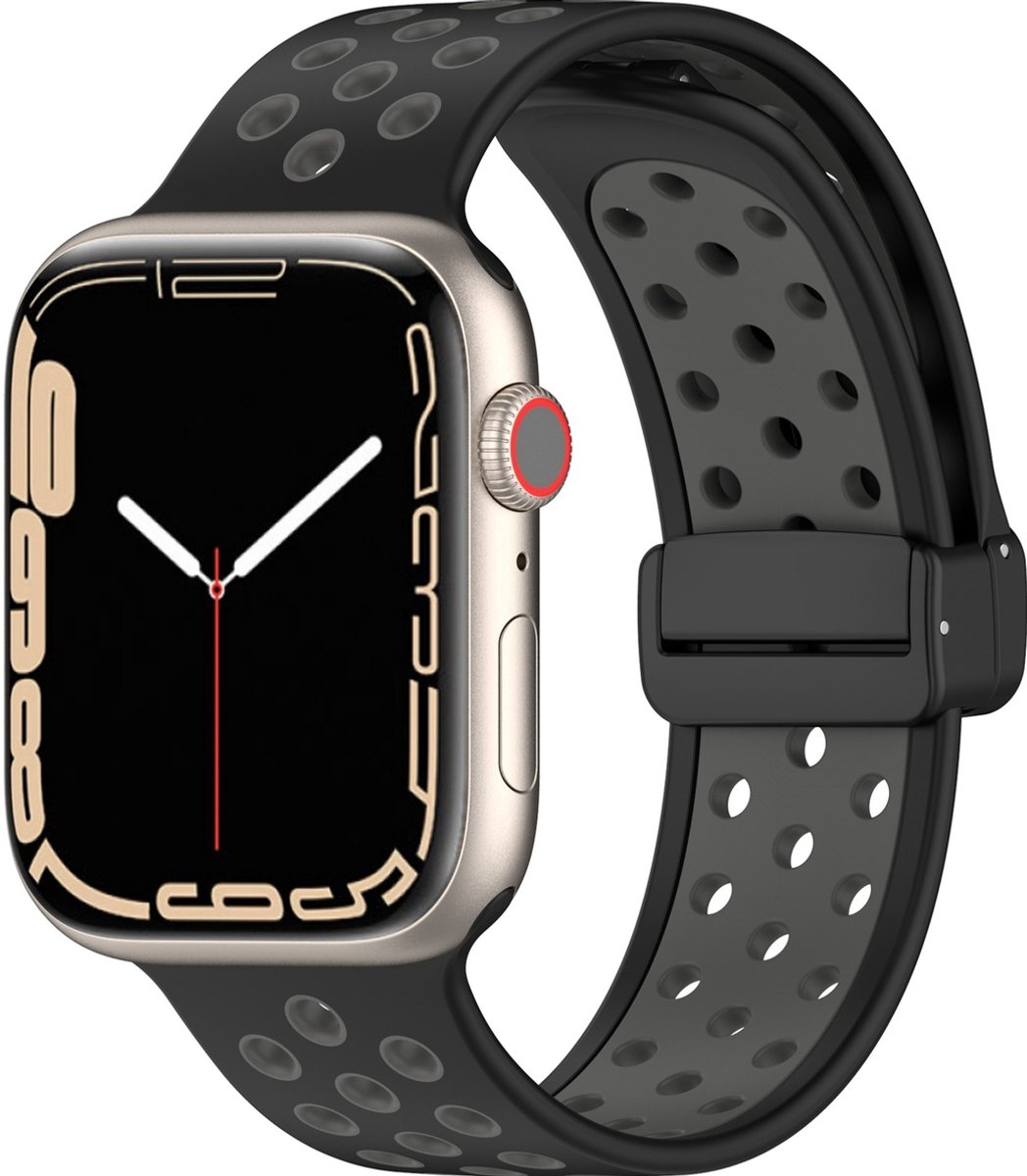 Mobigear Siliconen Watch bandje geschikt voor Apple Watch Bandje Magneetsluiting | Mobigear Sport Plus Mag - 42/41/40/38 mm - Zwart / Grijs