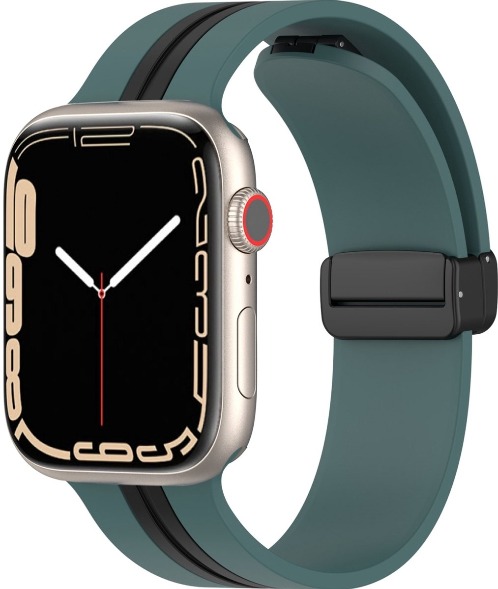 Mobigear Siliconen Watch bandje geschikt voor Apple Watch Bandje Magneetsluiting | Mobigear Stripe Mag - 49/46/45/44 mm - Zwart / Groen