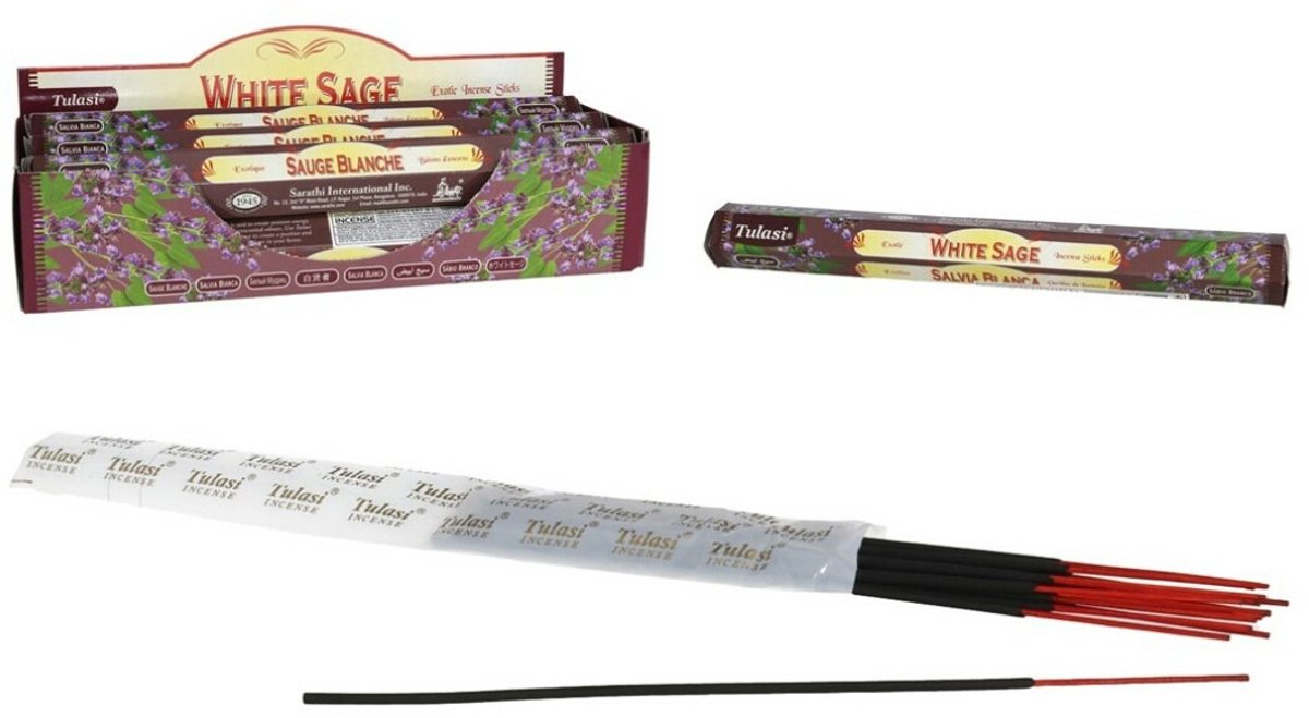 Tulasi Wierook sticks in huisgeur Witte Salie - 60x sticks van 22 cm - Ontspannend - 24 grams - Ontspannend - Kalmerend - stokjes