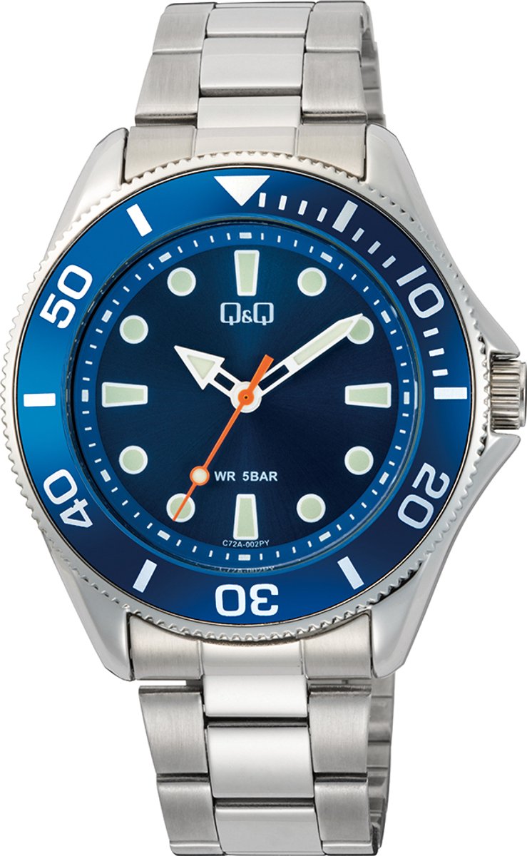 QQ C72A-002VY - Horloge - Polshorloge - Analoog - Heren - Mannen - Stalen band - Rond - Metaal - Stippen - Strepen - Zilverkleurig - DonkerBlauw - LichtGroen