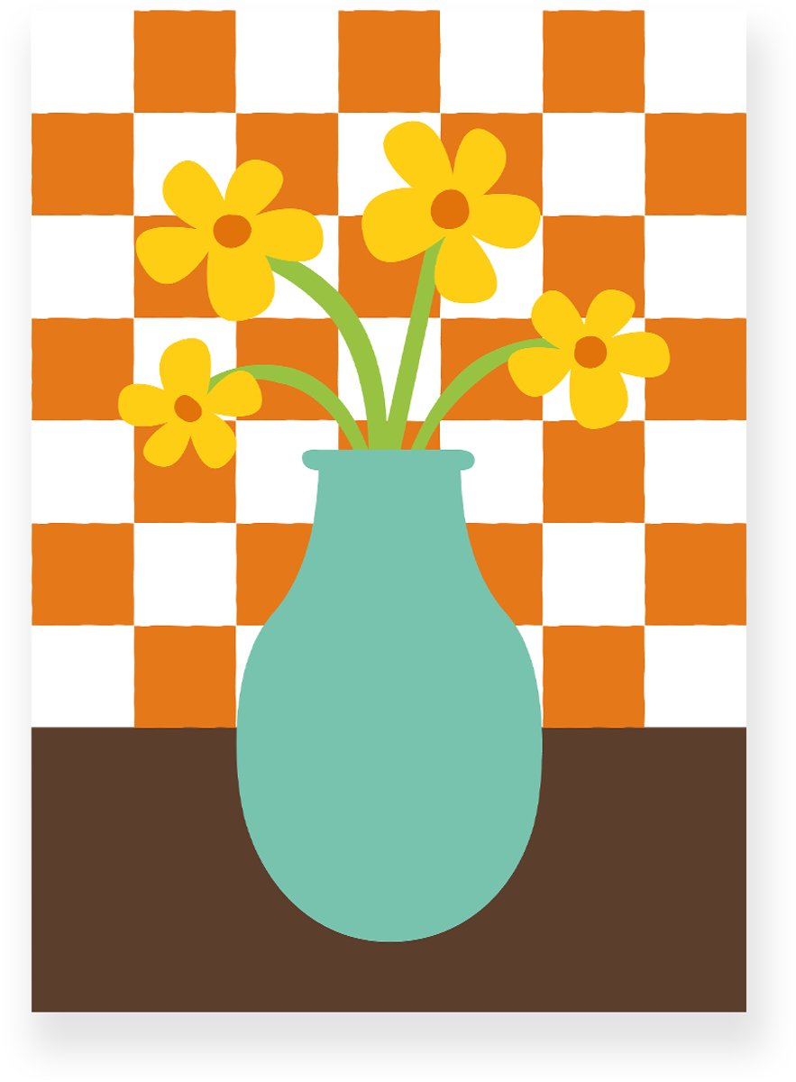 Yisual Aluminium plaat 20x30 cm - Poster - Vaas met Bloemen - Geblokte - Turquoise - Oranje - Oranje - Vintage - Eclectisch - Muurdecoratie - Wanddecoratie