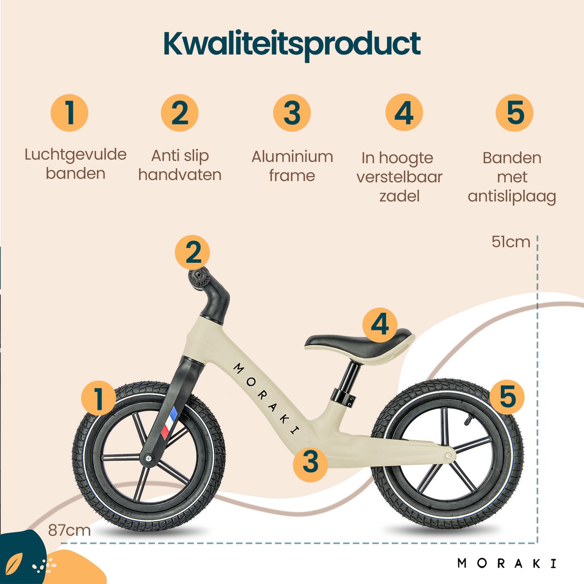 Moraki - Loopfiets - 2 Jaar - Verstelbaar Zadel - Balance Bike - 3 Jaar - Jongens en Meisjes - Beige — afbeelding 7