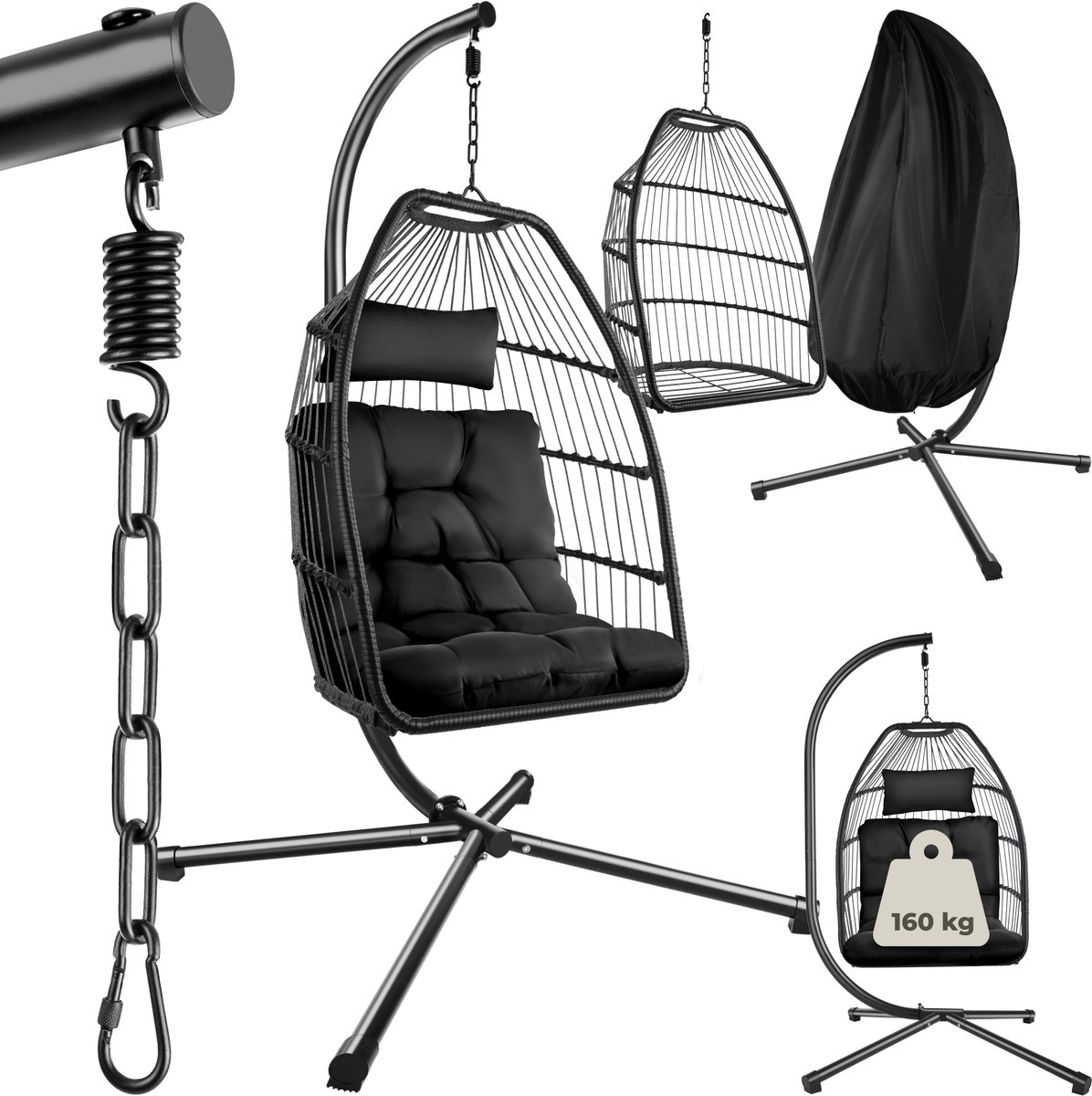 Bol.com tectake® Luxe Hangstoel - Opvouwbare en draaibare Egg Chair met Standaard - Dikke Kussens - Antislipvoeten - Inclusief B... aanbieding