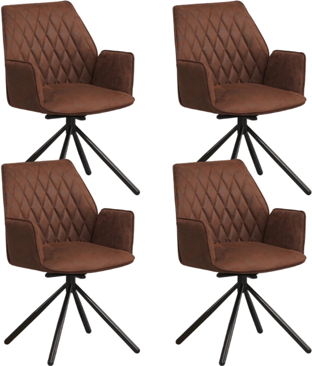 Dimehouse Set van 4 Draaibare Eetkamerstoelen Novan Industrieel Bruin Stof – 180° Draaibaar - Stof - Industrieel