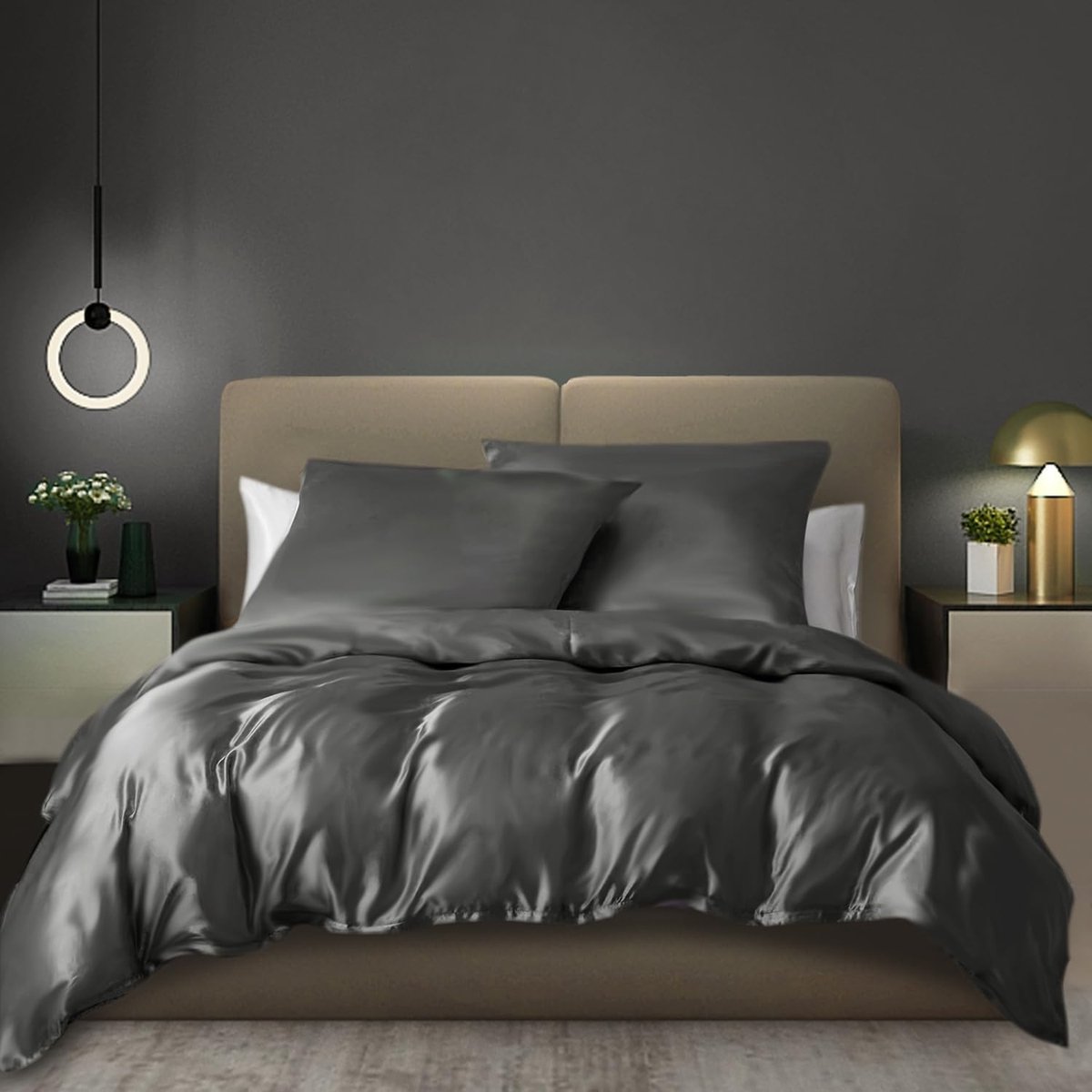 Azalia Beddengoed set satijn 155 x 220 cm 3-delig grijs antraciet donkergrijs zijdeachtige