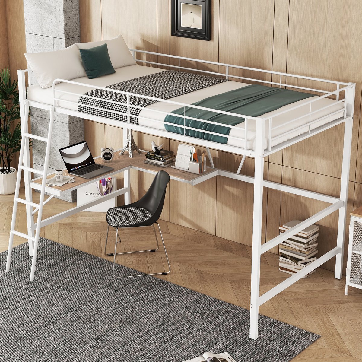 Merax Hoogslaper - bedframe van 90x200 cm metalen bed - ijzeren bed - hoogslaper met L-vormig bureau en een plank - zonder matras - wit