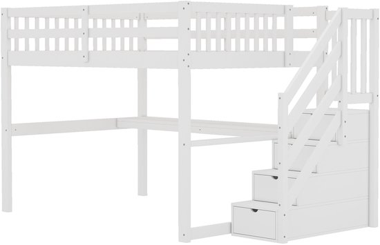 Lit mezzanine - 140x 200 cm - lit mezzanine enfant - avec tiroirs de rangement et bureau sous le lit - blanc - sans matelas