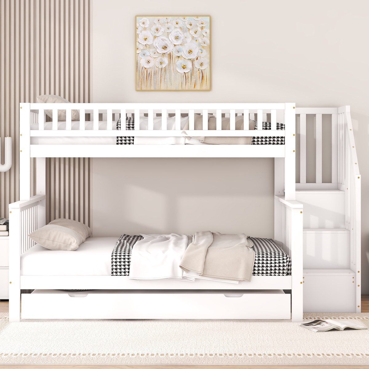 Merax Stapelbed - 90 x 200cm en 140 x 200cm - zonder matras - kinderbedje - dennenboom - bed met rollende container en trap - wit