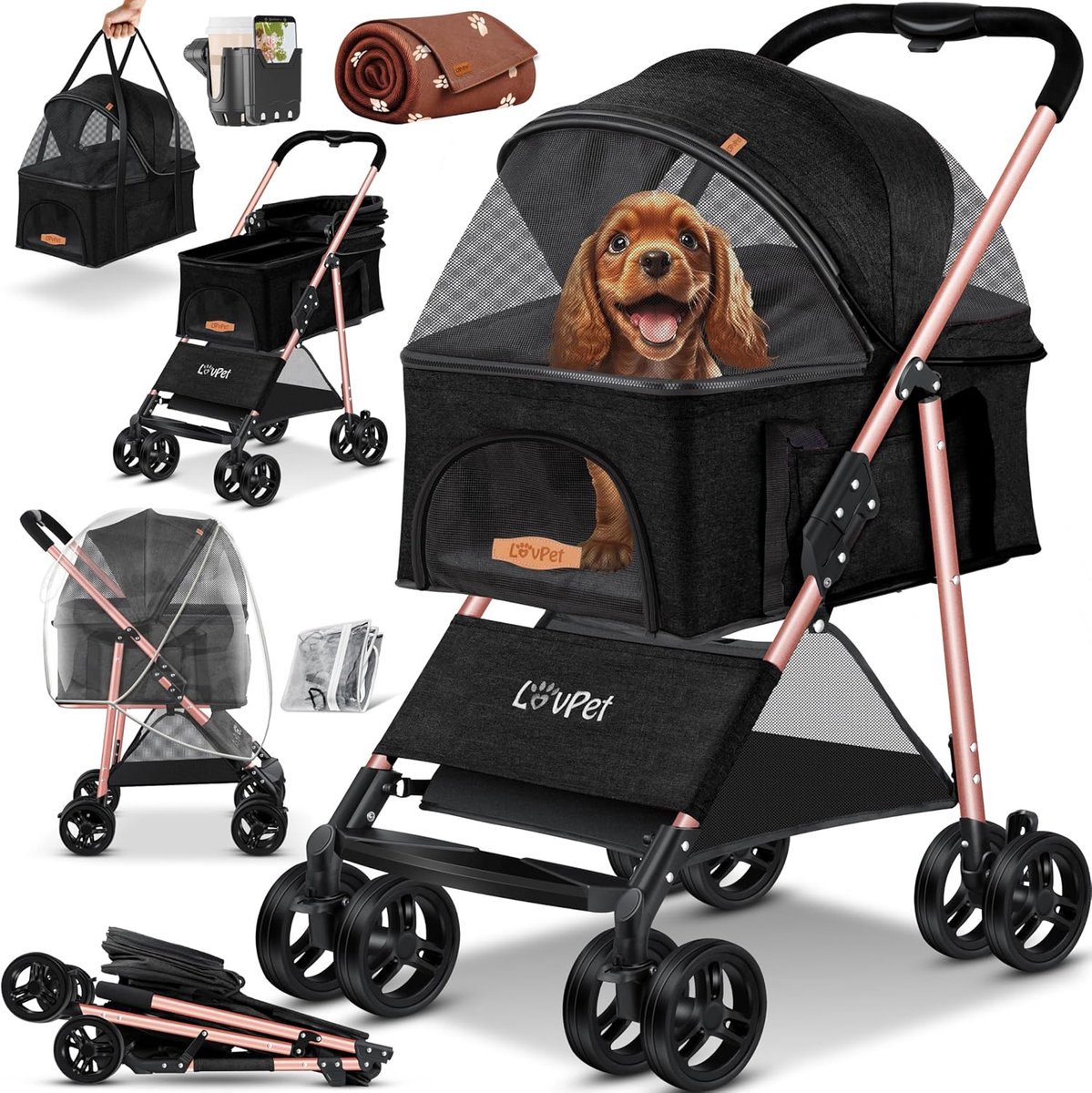 Image of 2-in-1 hondenbuggy en transporttas voor kleine honden en katten - Opvouwbaar tot 20 kg met gaasramen en regenhoes