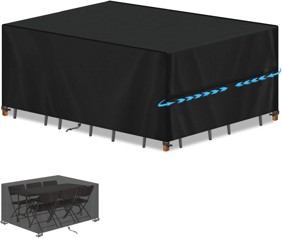 Famanu Tuinmeubelhoes Waterdichte Beschermhoes voor Tuintafel Tuinset Beschermhoes 420D Oxford UV Bestendig Winddicht Afdekhoes Tuintafelhoes Afdekking voor Tuinmeubelen 160x100x75cm zwart