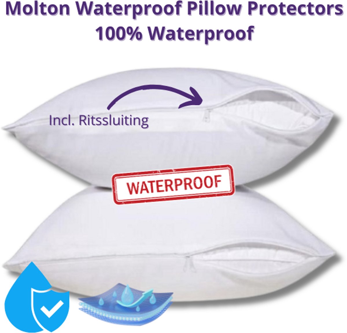 Beau Maison Kussenbeschermers Waterdicht 60x70 cm | Molton Waterproof Pillow Protectors | Anti-allergisch met ritssluiting | Set van 2