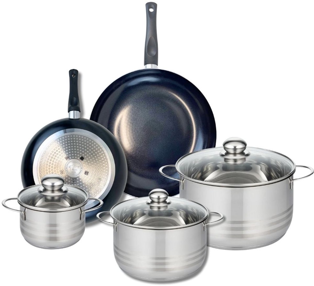 Set van 2 Koekenpannen 24 en 28 cm en 3 Kookpotten 14, 20 en 24 cm Elo Prima Glanzend
