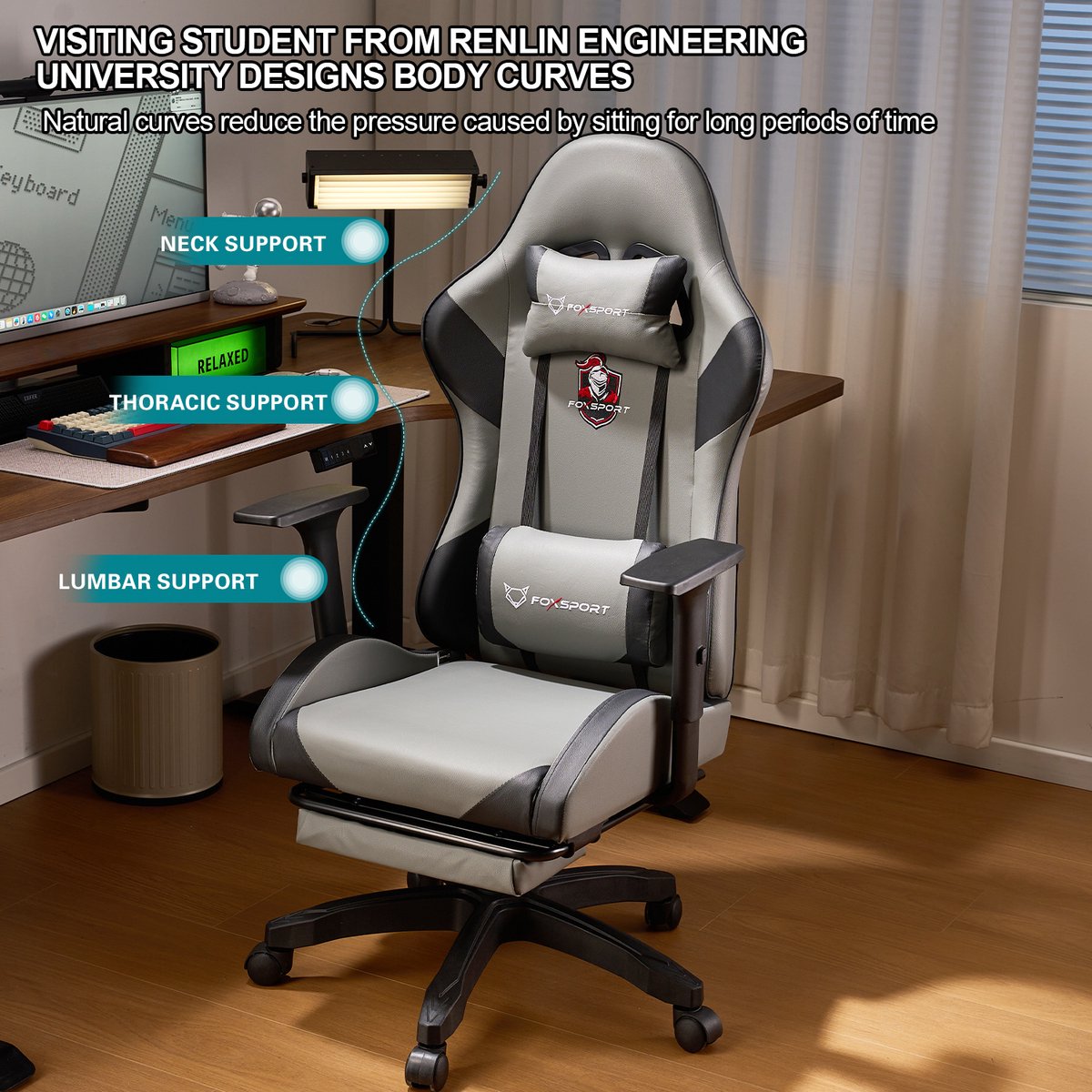 FOXSPORT Game Stoel Ergonomisch Grijs met Voetsteun - afbeelding 3