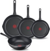 Tefal Day by Day Pannenset - Koekenpannen 20/24/28cm + Wokpan 28cm - Niet geschikt voor Inductie - Anti-aanbaklaag - Schenktuiten - Aluminium - Zwart
