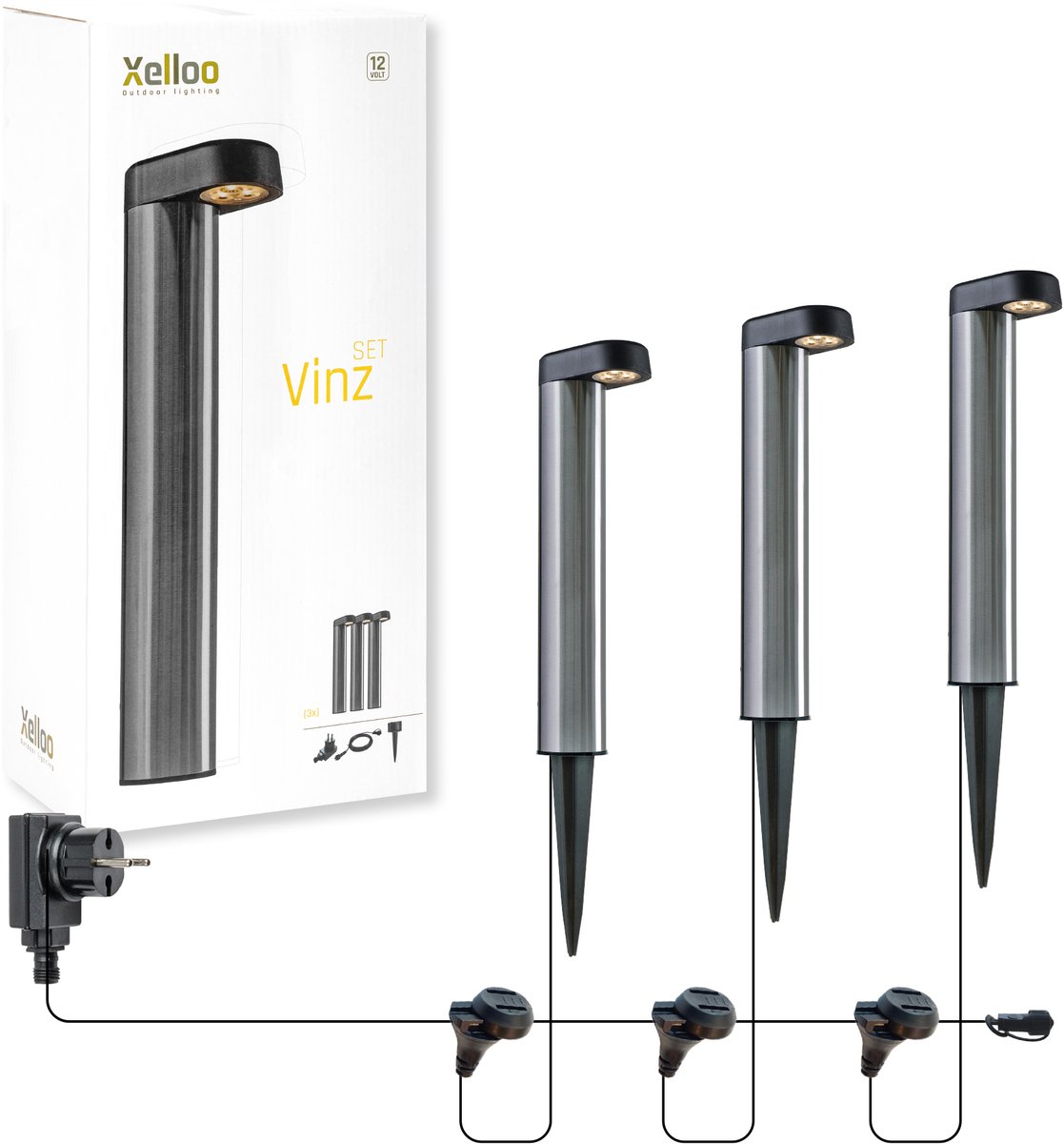 Xelloo® Vinz tuinverlichting set - set van 3 stuks | 12V | IP44 | Warm wit licht | Inclusief trafo, kabel en schuifsysteem