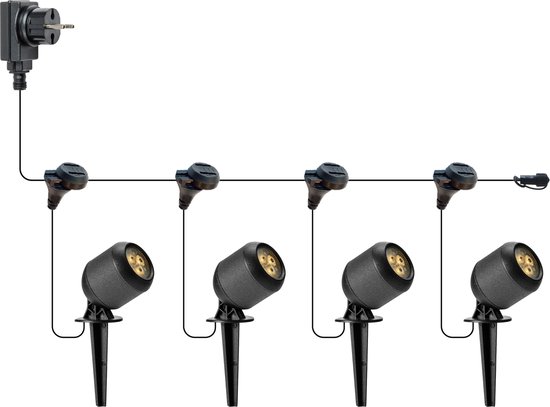 Vier zwarte 12V grondspots met stekker en 8m kabel, met een schuifaansluiting voor kabelverlenging.
