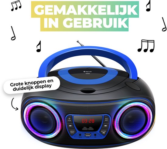 Denver Draagbare Radio CD Speler Kinderen - Bluetooth - Lichteffecten - Boombox - AUX - FM - TCL212BT - Blauw