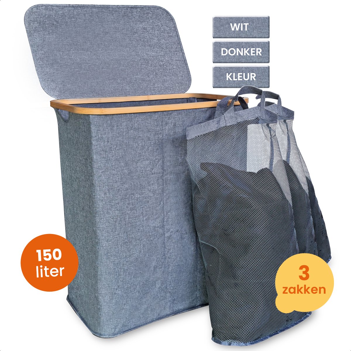 Goedkoopste Goliving Wassorteerder 3 Vakken - 150L - Opvouwbare Wasmand Met Deksel - 3 Uitneembare Zakken Met Kleurlabels - 57 x 37 x 66 cm - Grijs