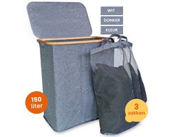 Goliving Wassorteerder 3 Vakken - 150L - Opvouwbare Wasmand Met Deksel - 3 Uitneembare Zakken Met Kleurlabels - 57 x 37 x 66 cm - Grijs