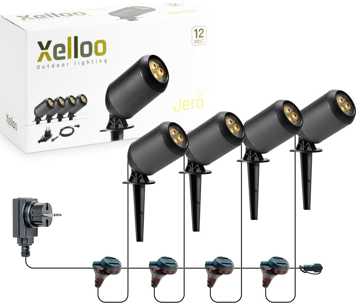 Xelloo LED Tuinverlichting set Jero van 4 Stuks - 8 meter - Warm Wit Licht - 12V Grondspots voor buiten met Stekker - IP44 Waterbestendig - Tuin Verlichting op Stroom 12 Volt - incl. trafo, kabel en schuifaansluiting - Buitenverlichting Zwart