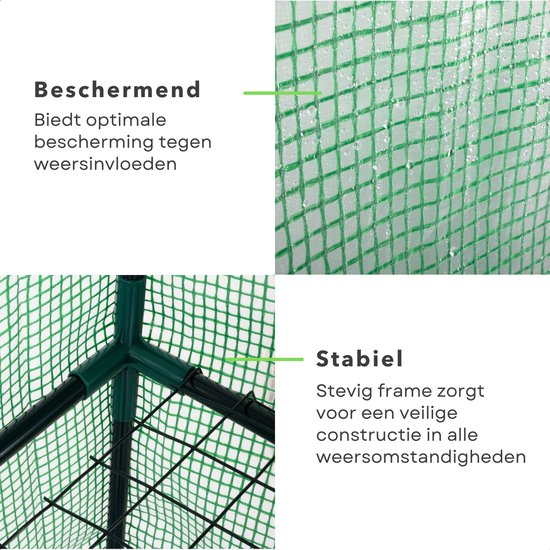 Detail van de groene kweekkas met een stevig metalen frame en transparante, waterdruppels op de hoes.