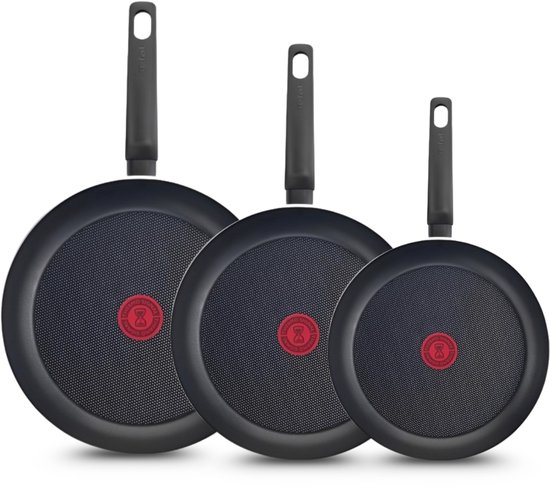 Trois poêles Tefal de différentes tailles avec revêtement antiadhésif noir et Thermo-Signal rouge.
