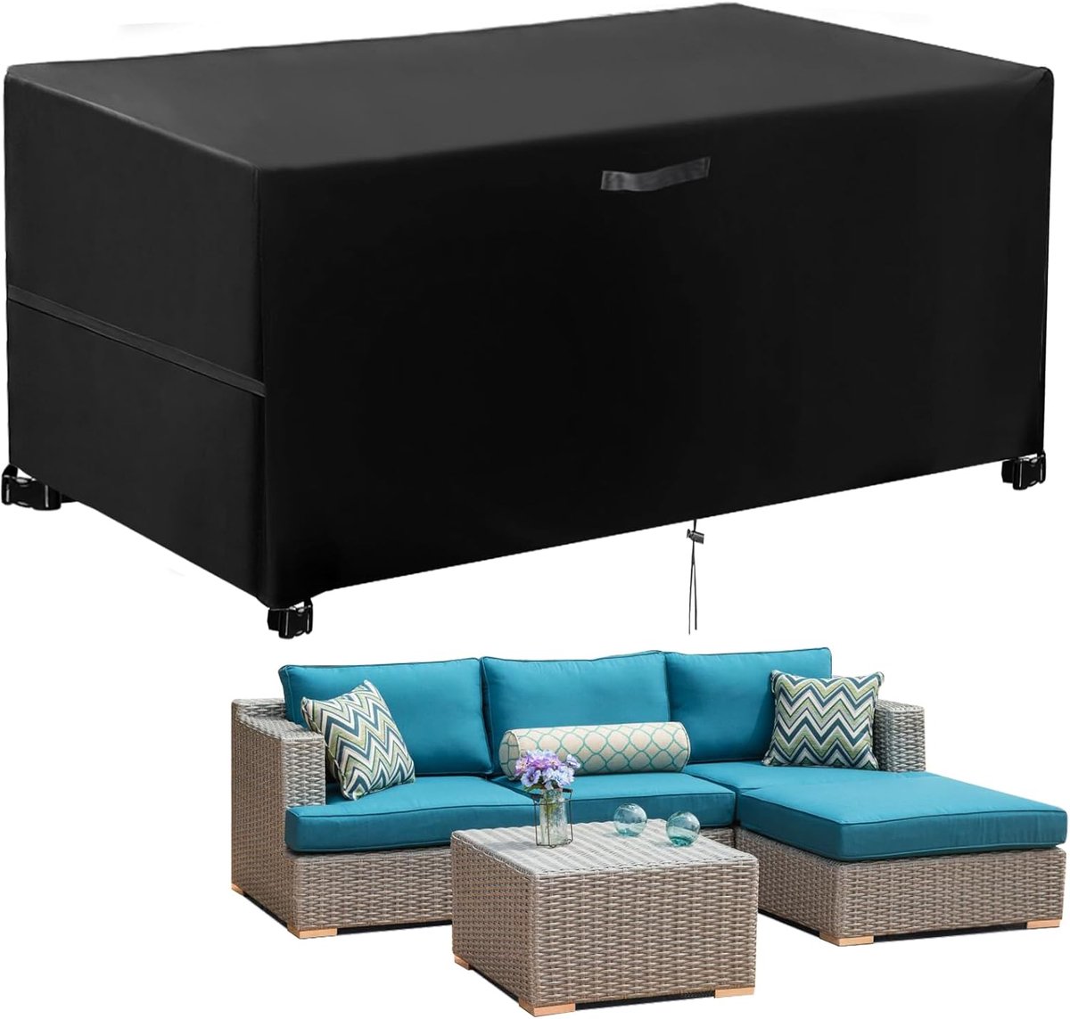 Famanu Tuinmeubelhoes, beschermhoes voor tuinmeubelen, winterbestendig, waterdicht, anti-UV 420D Oxford stof, hoes voor tuintafel, beschermhoes voor tuintafel zitgroep, zwart 180 x 120 x 74 cm