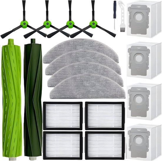 Overzicht van robotstofzuigeronderhoudsset: zijborstels, borstels, filters, dweilpads en stofzakken.