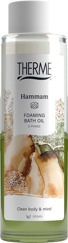 Therme Hammam schuimende badolie, 2-fasen, met "Clean body & mind" en "VEGAN" op het etiket. Groene en bruine vloeistof.