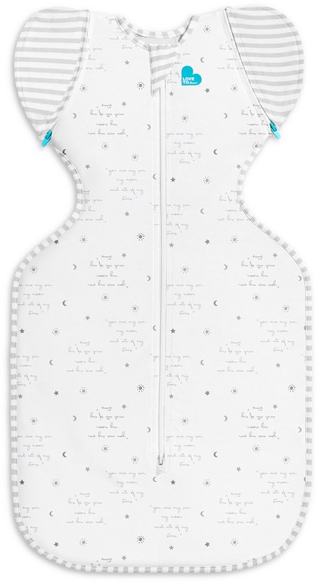Love to Dream™ Babyslaapzak Swaddle Up™ - Inbakeren afbouwen - Baby 4-6 maanden - 6-8.5 kg - Zomer - Wit met tekst