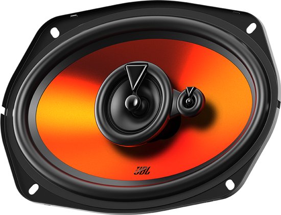 Een JBL Stage 1 ovale luidspreker met een oranje-gele glanzende conus, zwarte woofer, tweeter en JBL logo.