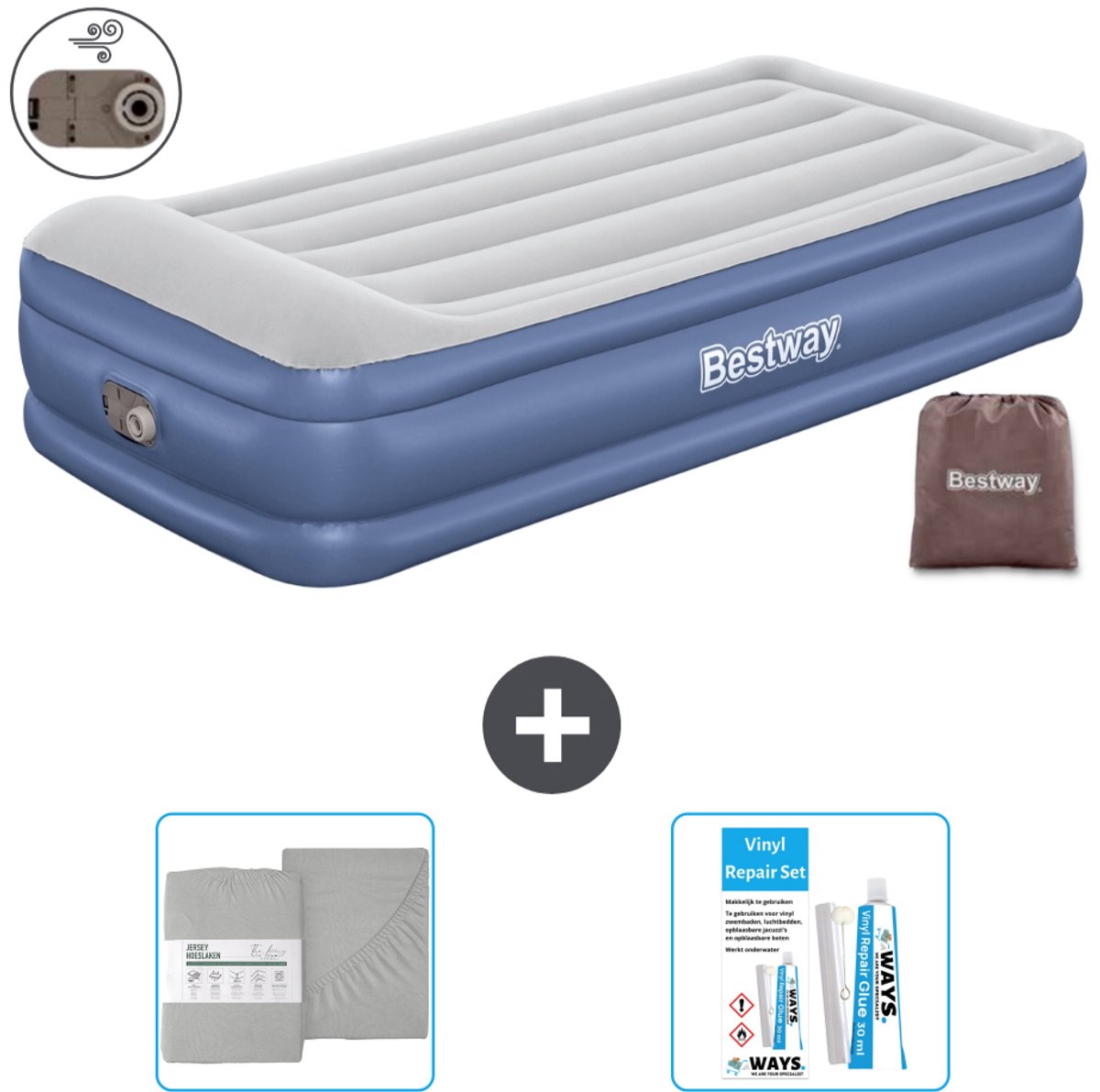 Bestway luchtbed - 1-Persoons - 97 x 191 x 46 cm - Grijs/Blauw - Inclusief pomp - Hoeslaken en Reparatieset