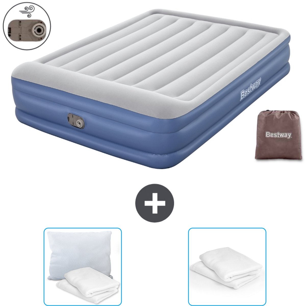 Bestway luchtbed - 2-Persoons - 152 x 203 x 46 cm - Grijs/Blauw - Inclusief pomp - Kussen en Kussenbeschermer