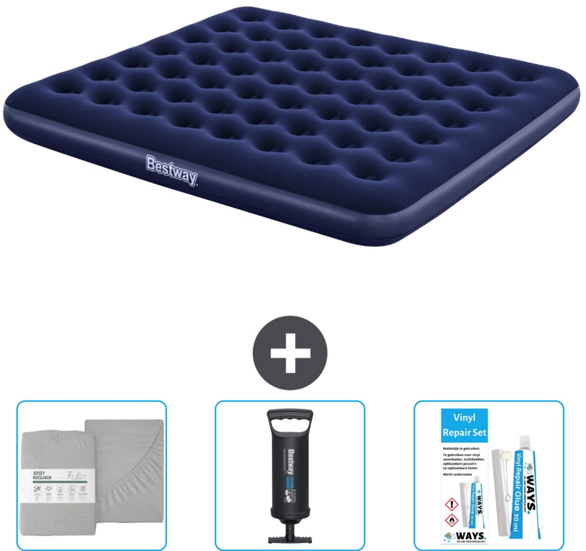Bestway luchtbed - 2-Persoons - 183 x 203 x 22 cm - Blauw - Inclusief Hoeslaken - Pomp en Reparatieset