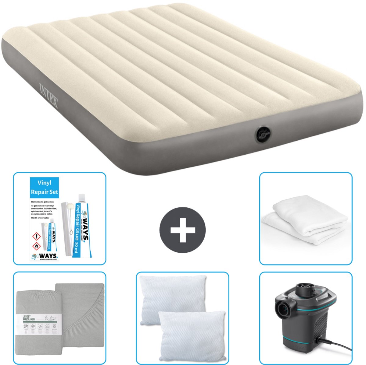 Intex Luchtbed - 2-Persoons - 152 x 203 x 25 cm - Beige - Inclusief Hoeslaken - Kussen - Pomp - Reparatieset en Kussenbeschermer