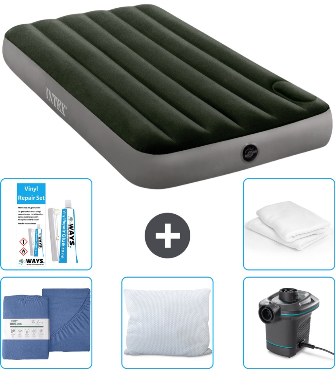Intex Luchtbed - 1-Persoons - 99 x 191 x 25 cm - Groen - Inclusief Hoeslaken - Kussen - Pomp - Reparatieset en Kussenbeschermer