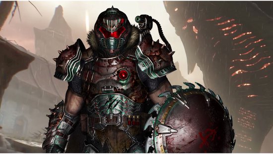 DOOM Slayer met roestig pantser, rode helm en schild, in apocalyptische omgeving.