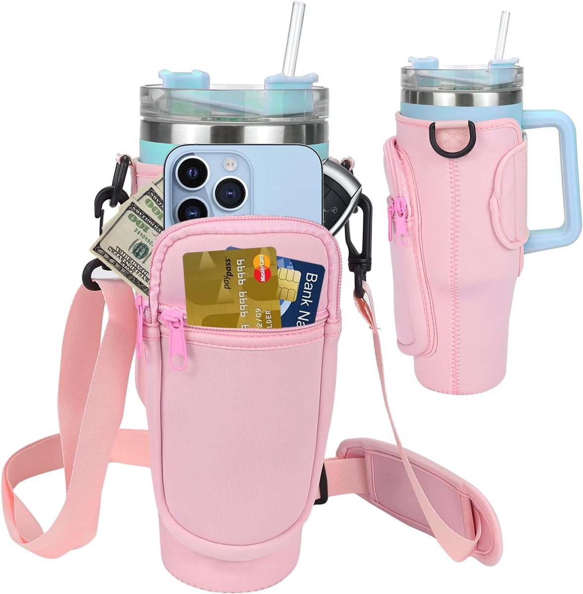 Cup draagtas voor beker - waterfleshouder - draagtas - voor waterflessen met vak voor mobiele telefoon - verstelbare schouderriem -roze - 23*15cm