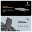 Grijze powerbank met geribbeld patroon, ideaal voor reizen en gemaakt van gerecycled plastic.