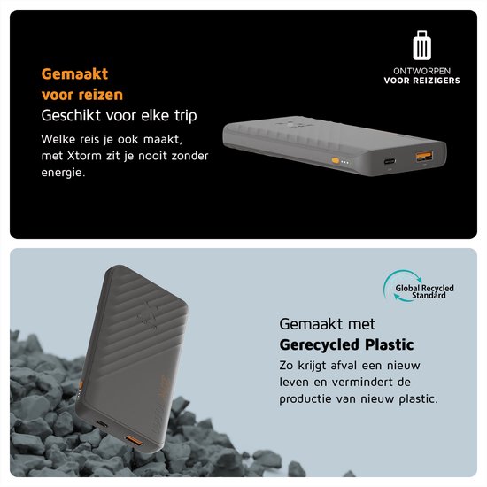 Grijze powerbank met geribbeld patroon, ideaal voor reizen en gemaakt van gerecycled plastic.