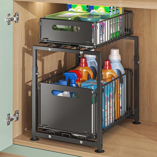 UMDONX Opslag onder de gootsteen, keuken, 2 niveaus, rek onder de schuifgootsteen met verstelbare hoogte, organizer voor gootsteen, keuken, 2 stuks, wit
