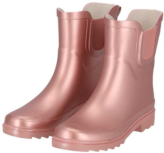 Metallic roze Chelsea-regenlaarzen met een profielzool en elastische zijkanten.