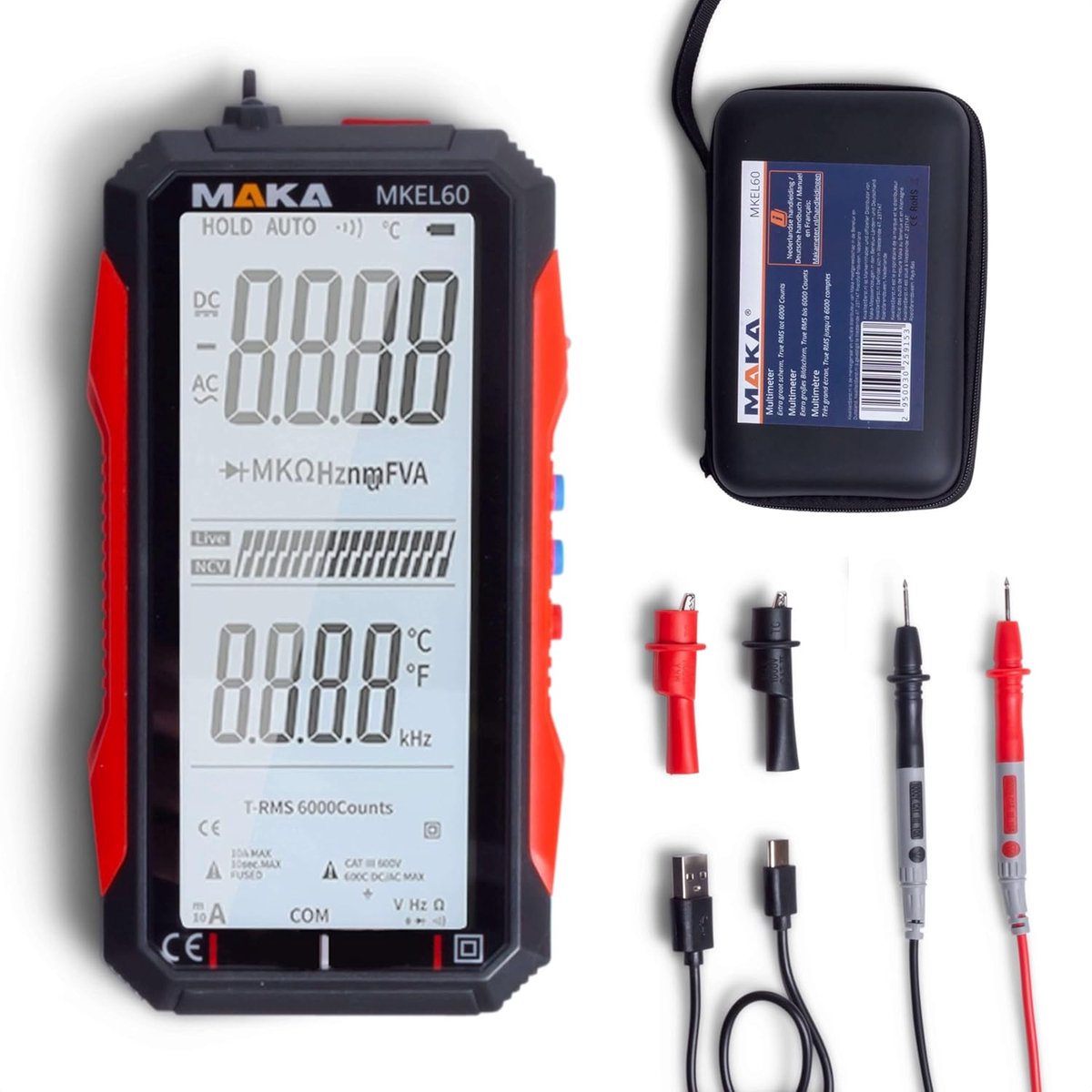 Digitale Multimeter 6000counts - Oplaadbaar via USB-C - True RMS - Meet AC/DC spanning, stroom, capaciteit, weerstand, frequentie, temperatuur en NCV