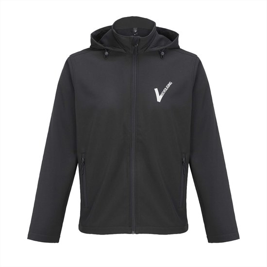 Zwarte softshell jas met capuchon, ritssluiting, zakken en witte tekst 'BEVEILIGING'.