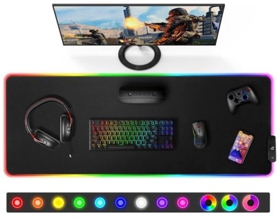 StayPowered Gaming Muispad - Voor Ultiem Comfort en Functionaliteit - 4 USB-Poorten - RGB-Verlichting (12 Modi) - Micro-Weefsel Oppervlak - Antislip Rubber Basis - Waterdicht en Duurzaam - Zwart - Levering Sneller dan Aangegeven!