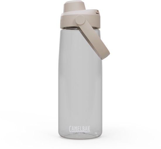 Transparante Camelbak drinkfles met beige handvat en draaidop.