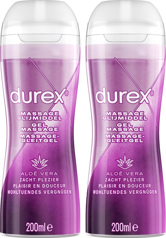 Twee flacons Durex massage glijmiddel met Aloë Vera. De flacons zijn paars met witte doppen en hebben een opvallende paarse diagonale lijn.