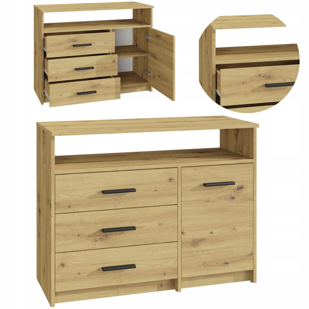 Matkam - BODO 1D3SO Ladekast - Grote kast - 1 deur - 3 lade - Artikelplank - 98 x 75 x 35 cm - voor kleding, speelgoed, RTV