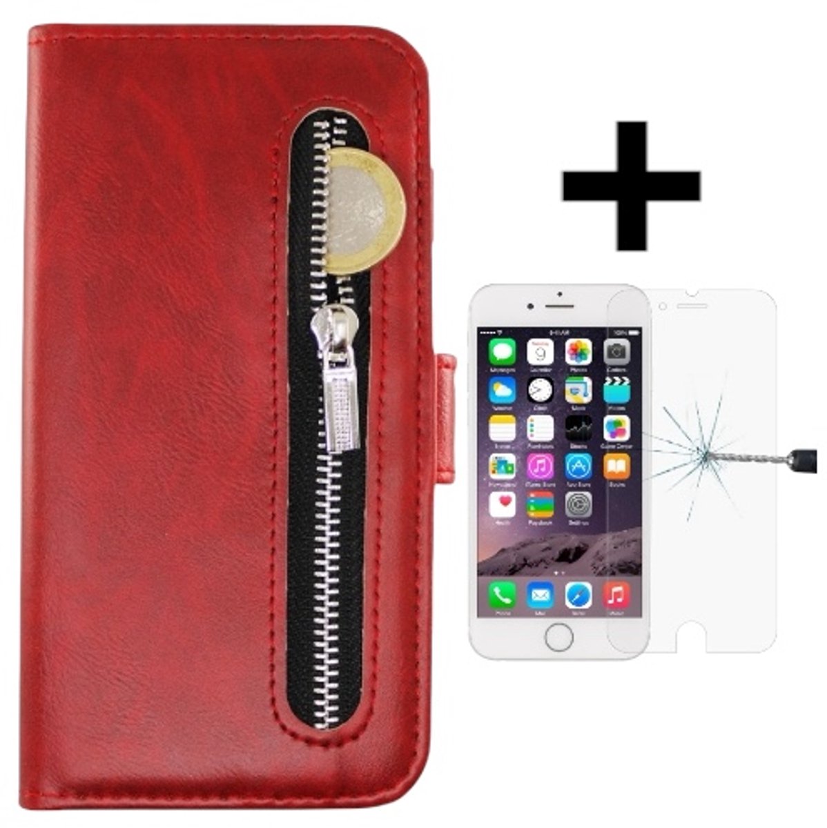 Rits Wallet case Geschikt voor Apple iPhone 6/6S en gratis protector Rood